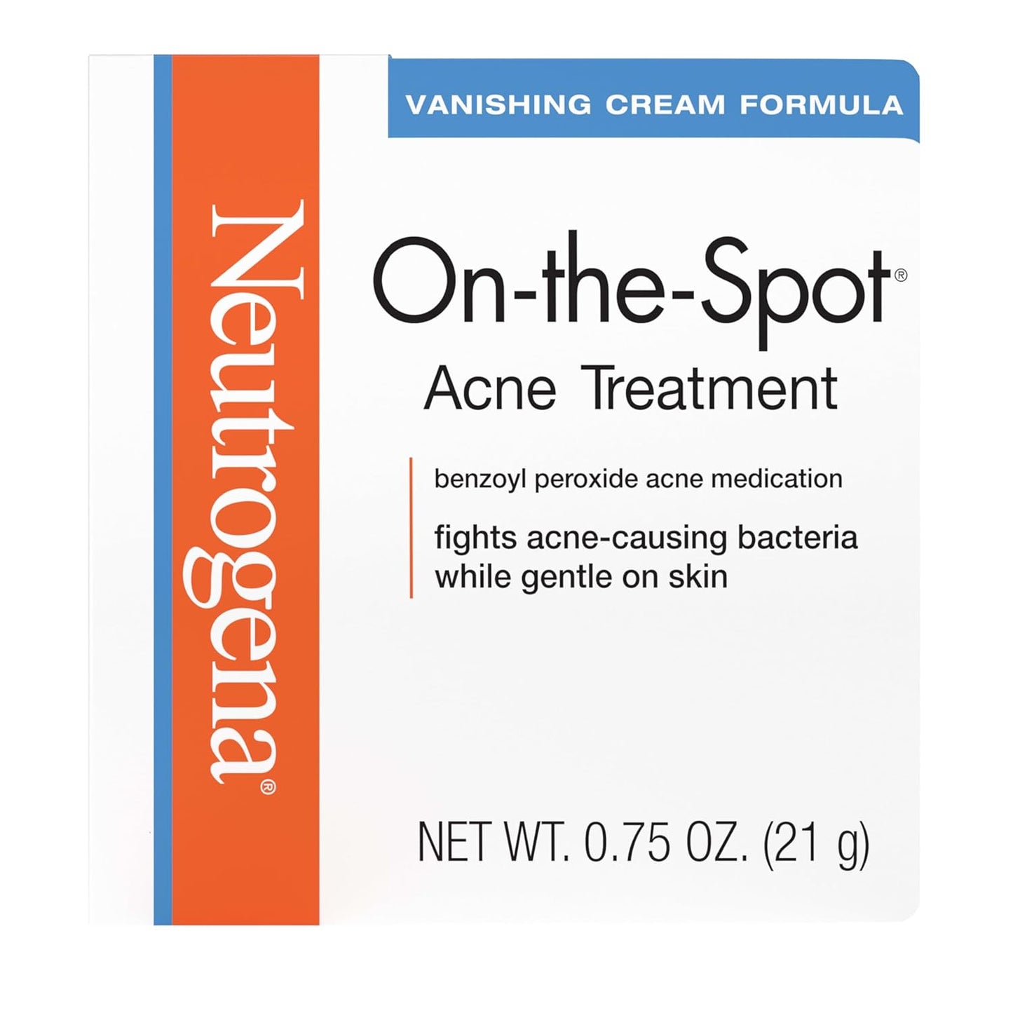 On-The-Spot Acne Spot Treatment Cream with 2.5% Benzoyl Peroxide, Gentle Face Blemish Medicine for Acne-Prone Skin, Vanishing Formula, Clinically Proven Day-1 Results, 0.75-Ounce Tube